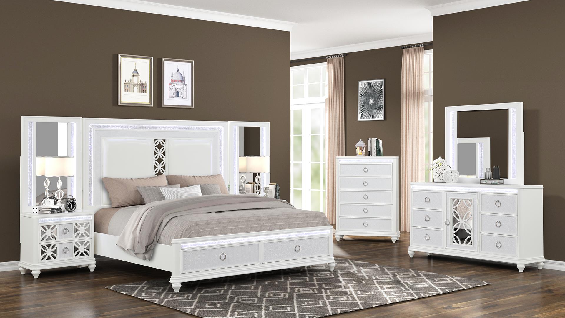 Abigale Queen 5 Pc Bedroom Set with Mirror Top Nightstand